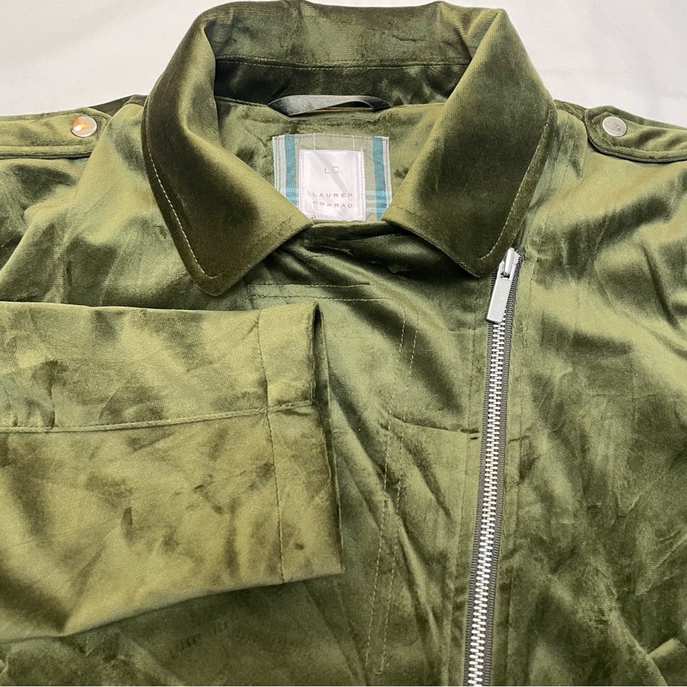 NWT LC Lauren Conrad Velvet Moto Jacket Olive Offset Zipper Women’s Large Petite